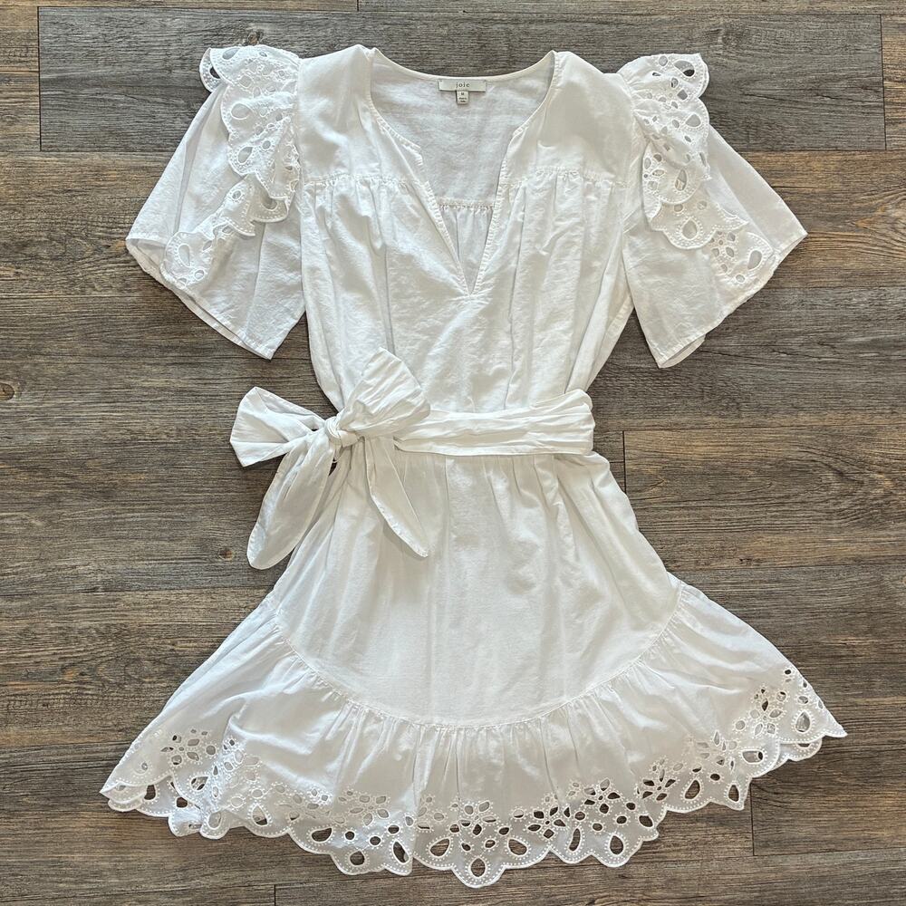 Joie Safia Medium White Mini Dress Eyelet Lace Trim Cottagecore Coquette Beach